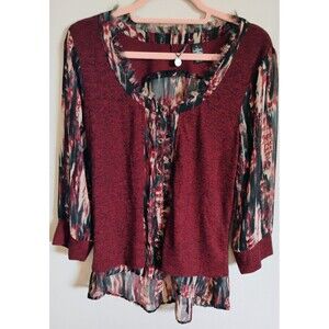 Women's BKE Boutique Layered Look Abstract Print & Burgundy Knit Blouse Top Sz L
